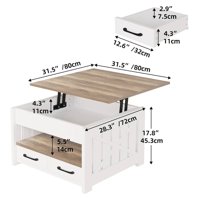 Table basse carrée à plateau relevable Moasis Farmhouse avec étagère de rangement et 2 tiroirs