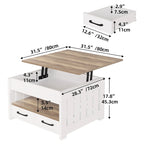 Table basse carrée à plateau relevable Moasis Farmhouse avec étagère de rangement et 2 tiroirs