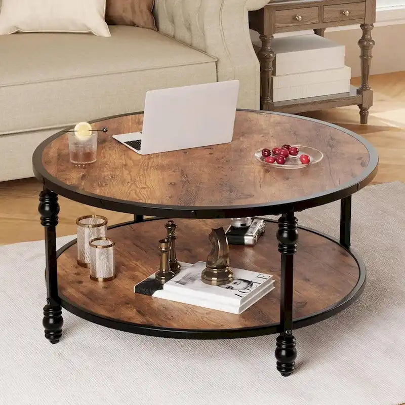 Table basse ronde rustique avec étagère de rangement