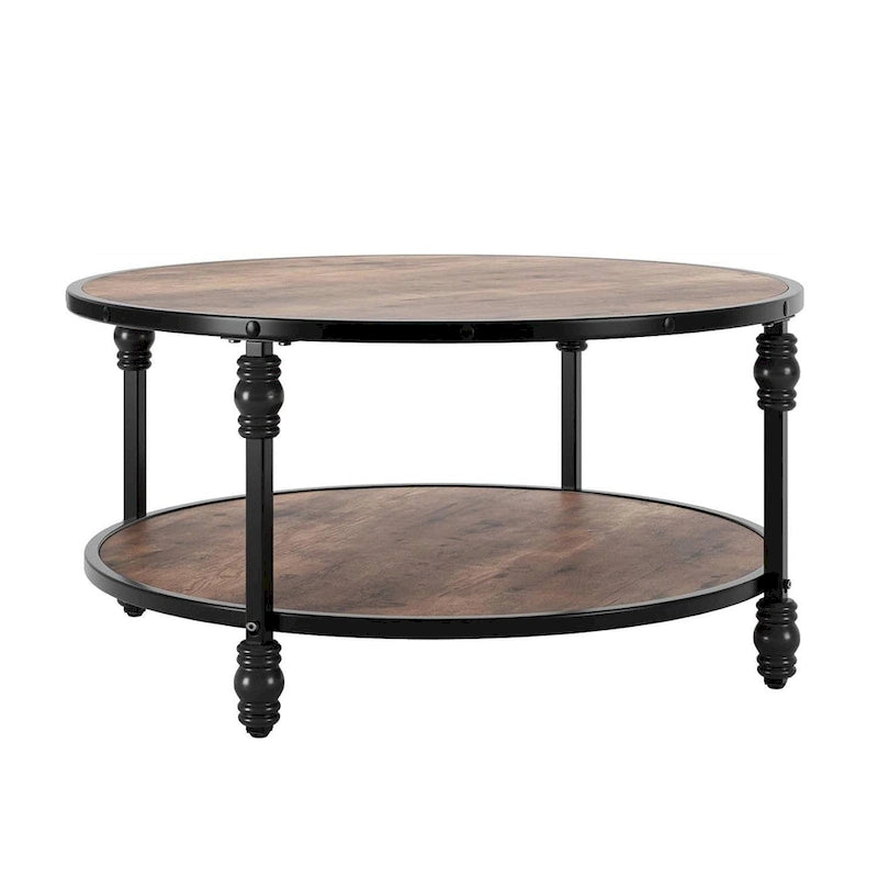 Table basse ronde rustique avec étagère de rangement