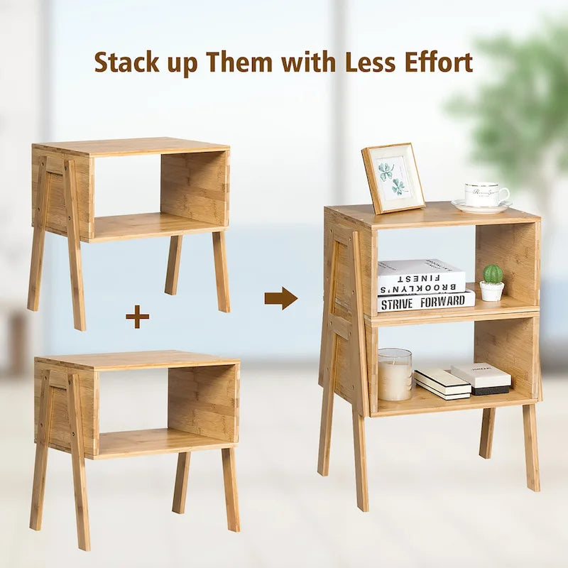 Table de Chevet Bambou (Lot de 2) - Table de Nuit Empilable avec Étagère de Rangement