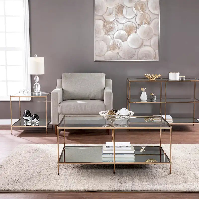 Table basse rectangulaire dorée SEI Furniture Grant avec plateau en verre et étagère inférieure