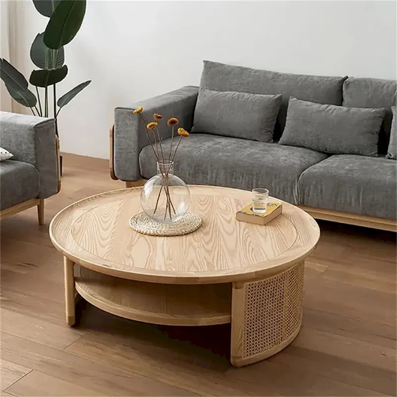 Table basse ronde à 2 niveaux en bois JASIWAY avec piètement en rotin