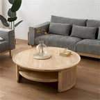 Table basse ronde à 2 niveaux en bois JASIWAY avec piètement en rotin