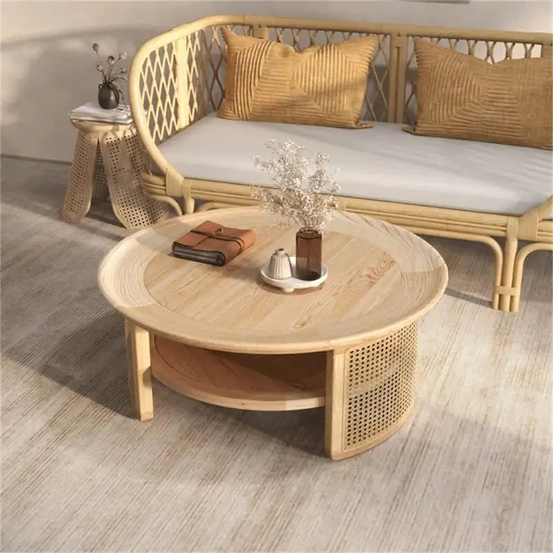 Table basse ronde à 2 niveaux en bois JASIWAY avec piètement en rotin