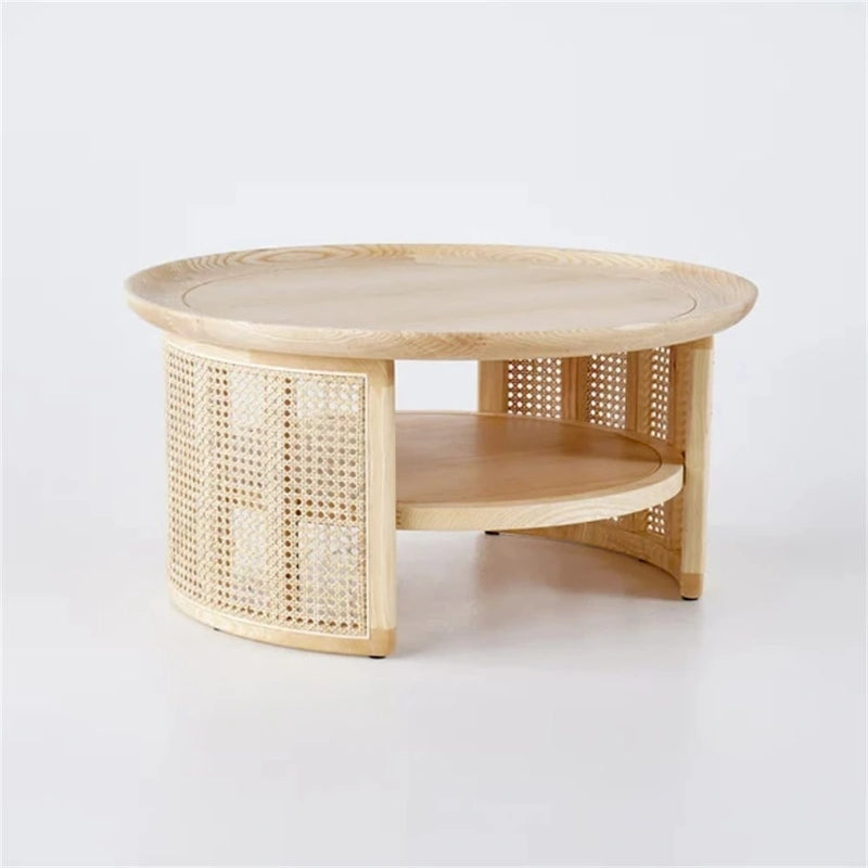Table basse ronde à 2 niveaux en bois JASIWAY avec piètement en rotin