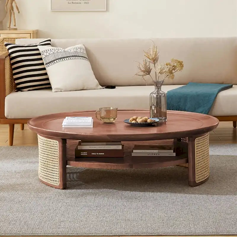 Table basse ronde à 2 niveaux en bois JASIWAY avec piètement en rotin
