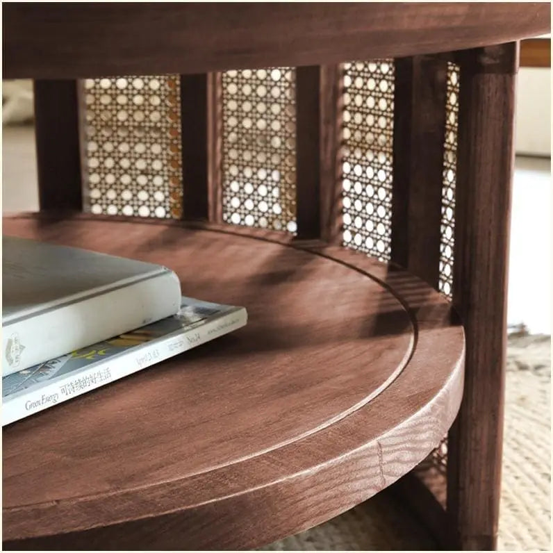 Table basse ronde à 2 niveaux en bois JASIWAY avec piètement en rotin