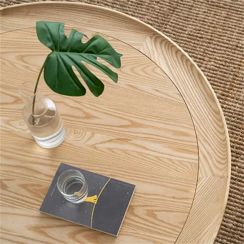 Table basse ronde à 2 niveaux en bois JASIWAY avec piètement en rotin