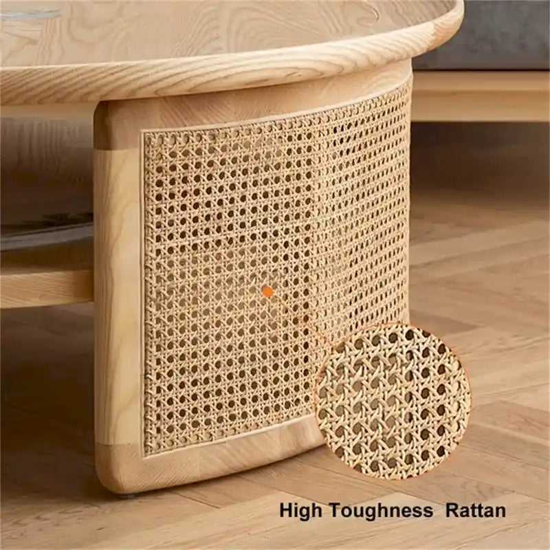 Table basse ronde à 2 niveaux en bois JASIWAY avec piètement en rotin