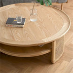 Table basse ronde à 2 niveaux en bois JASIWAY avec piètement en rotin
