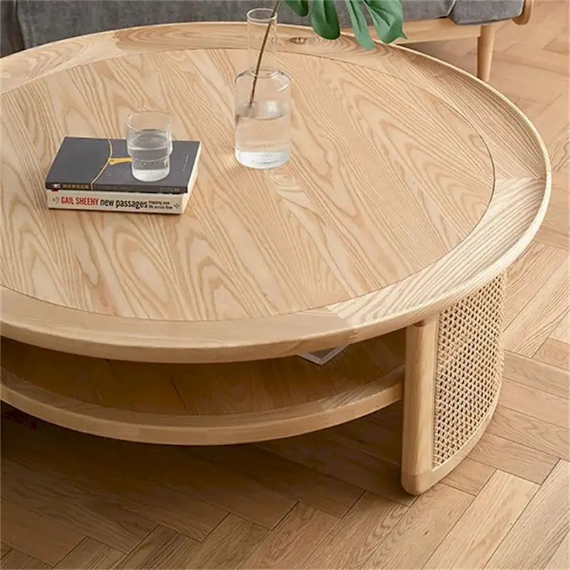 Table basse ronde à 2 niveaux en bois JASIWAY avec piètement en rotin