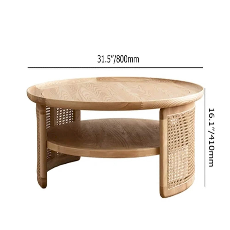 Table basse ronde à 2 niveaux en bois JASIWAY avec piètement en rotin