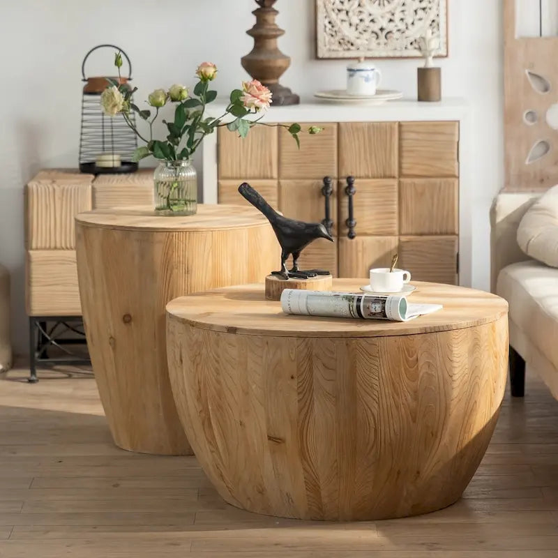 Vintage Style Bucket Drum Shaped Wooden Coffee Table