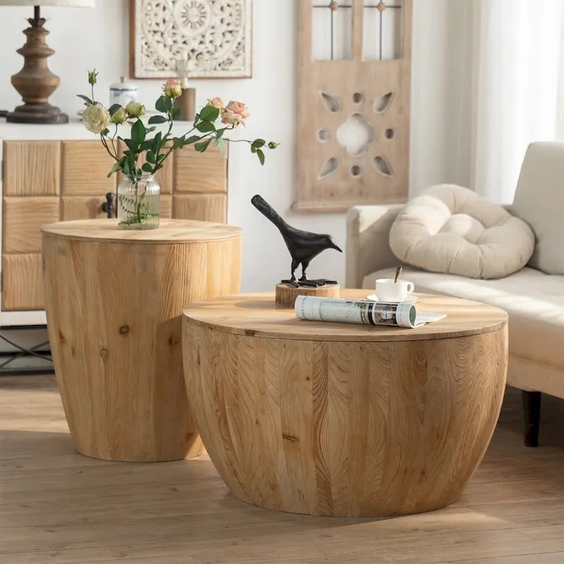 Table basse en bois en forme de tonneau style vintage