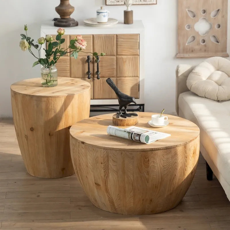 Table basse en bois en forme de tonneau style vintage