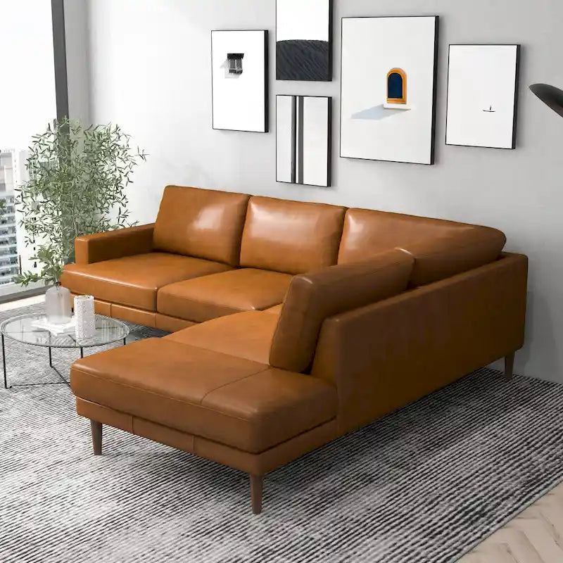 Canapé d'angle Hannah en cuir véritable couleur cognac, style moderne du milieu du siècle