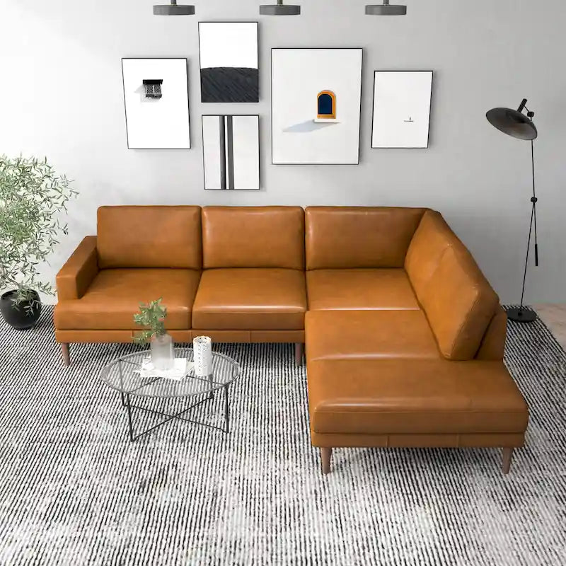 Canapé d'angle Hannah en cuir véritable couleur cognac, style moderne du milieu du siècle