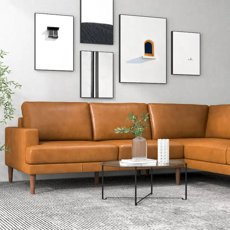 Canapé d'angle Hannah en cuir véritable couleur cognac, style moderne du milieu du siècle
