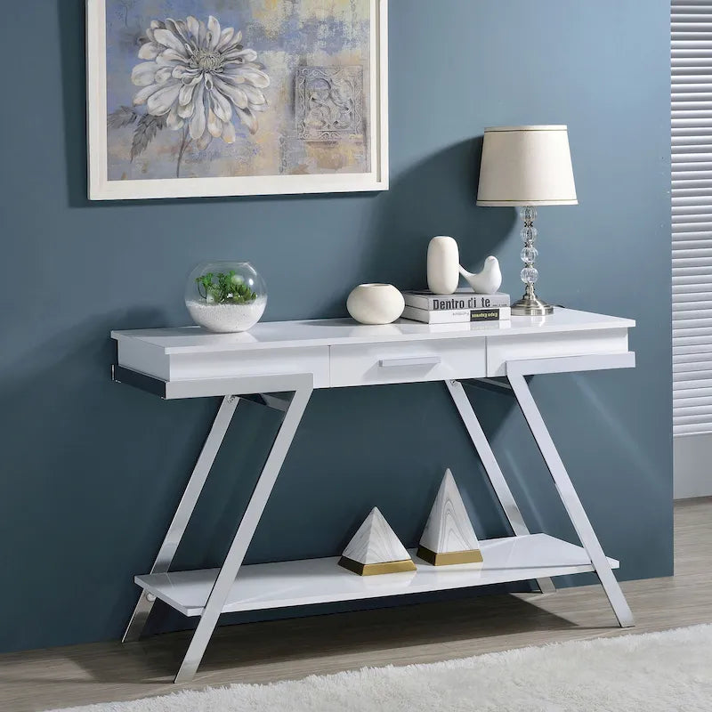 Console de canapé Cas Modern White 48 pouces en acier avec 1 tiroir et étagère de Furniture of America