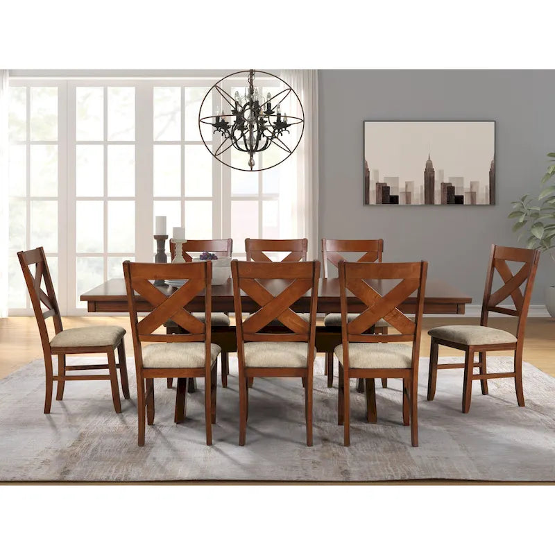 Ensemble de salle à manger 9 pièces en bois Karven de Roundhill Furniture, table à manger extensible à tréteaux avec 8 chaises, noyer foncé