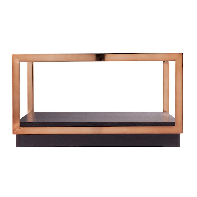 Table basse carrée métallique Luna de SEI Furniture avec dessus en verre et étagère de base en bois
