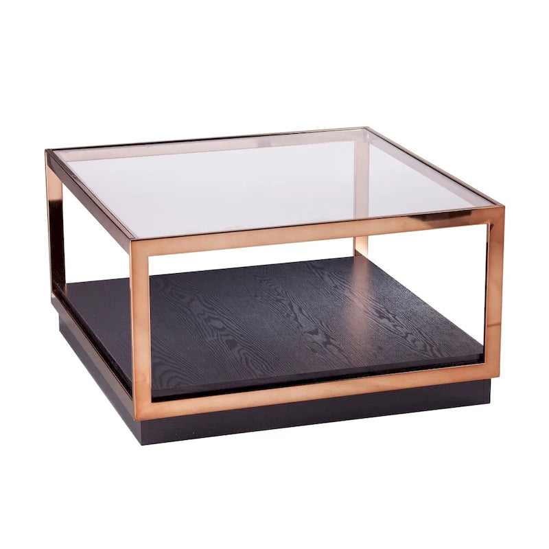 Table basse carrée métallique Luna de SEI Furniture avec dessus en verre et étagère de base en bois
