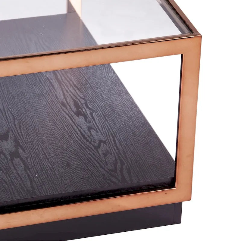 Table basse carrée métallique Luna de SEI Furniture avec dessus en verre et étagère de base en bois