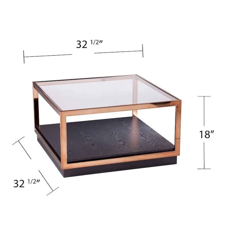 Table basse carrée métallique Luna de SEI Furniture avec dessus en verre et étagère de base en bois