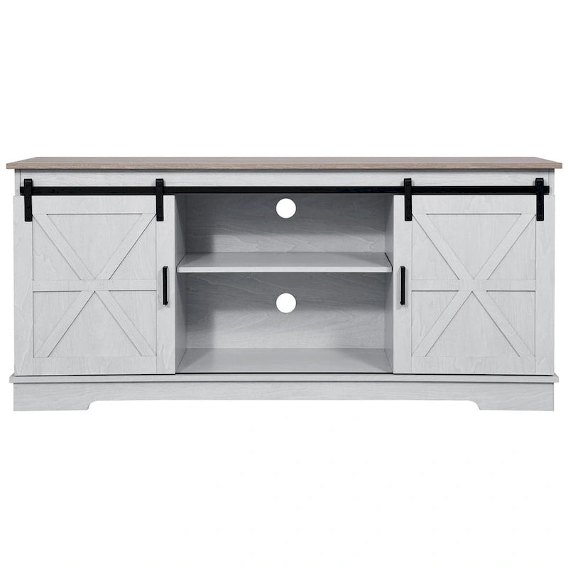 Meuble TV Evelynn avec porte de grange coulissante, meuble de divertissement en bois de style ferme pour téléviseurs jusqu'à 65 pouces, blanc