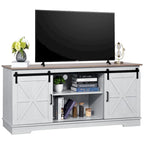 Meuble TV Evelynn avec porte de grange coulissante, meuble de divertissement en bois de style ferme pour téléviseurs jusqu'à 65 pouces, blanc