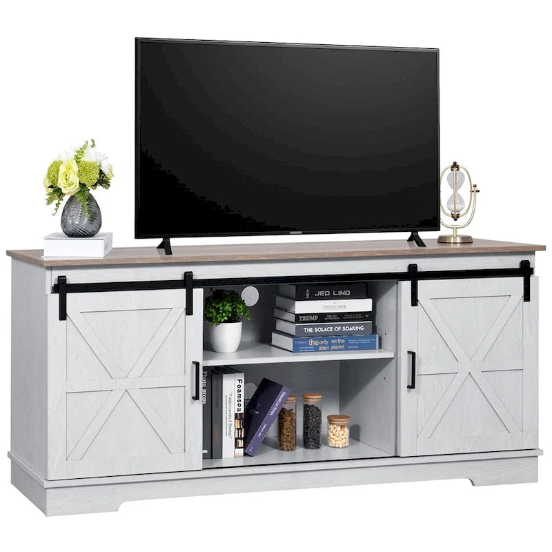 Meuble TV Evelynn avec porte de grange coulissante, meuble de divertissement en bois de style ferme pour téléviseurs jusqu'à 65 pouces, blanc