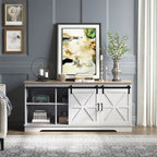 Meuble TV Evelynn avec porte de grange coulissante, meuble de divertissement en bois de style ferme pour téléviseurs jusqu'à 65 pouces, blanc