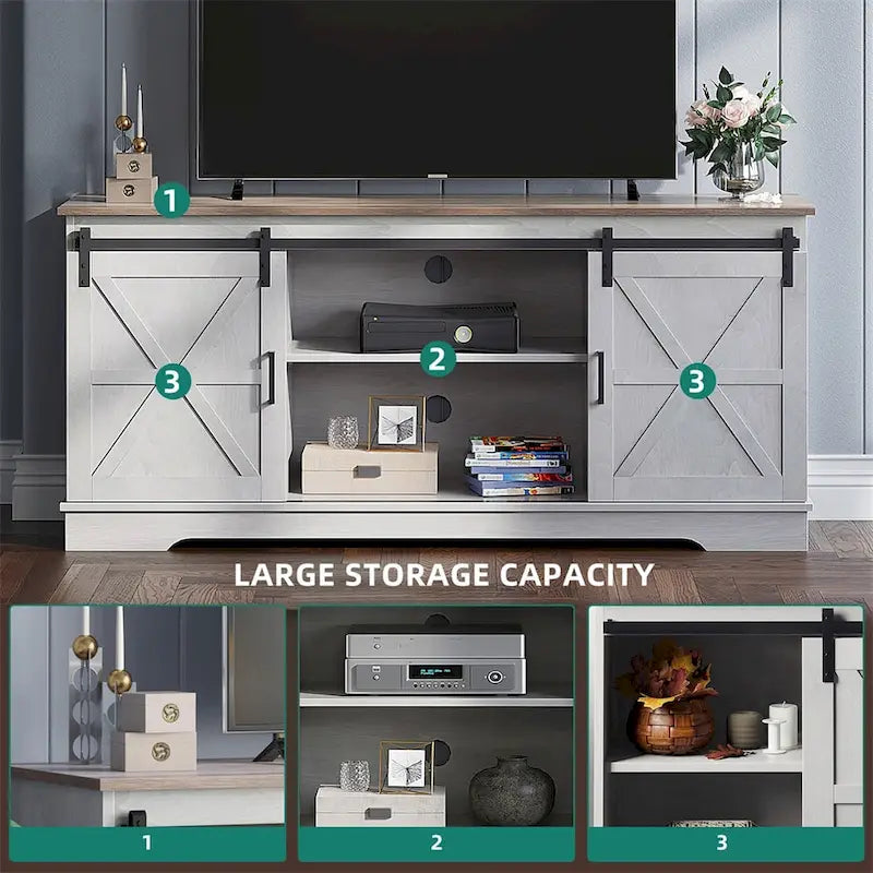 Meuble TV Evelynn avec porte de grange coulissante, meuble de divertissement en bois de style ferme pour téléviseurs jusqu'à 65 pouces, blanc