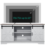 Meuble TV Evelynn avec porte de grange coulissante, meuble de divertissement en bois de style ferme pour téléviseurs jusqu'à 65 pouces, blanc