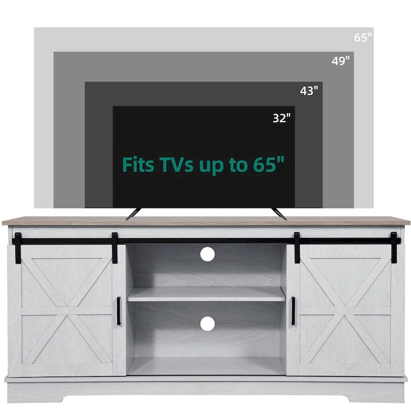 Meuble TV Evelynn avec porte de grange coulissante, meuble de divertissement en bois de style ferme pour téléviseurs jusqu'à 65 pouces, blanc