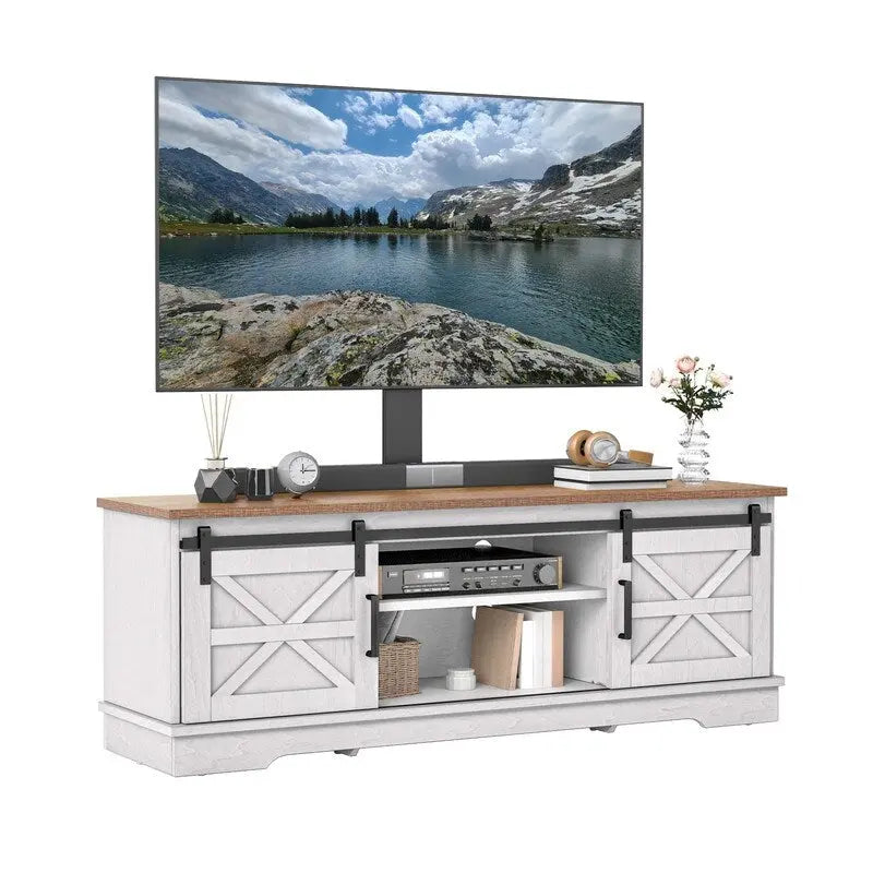 Meuble TV Evelynn avec porte de grange coulissante, meuble de divertissement en bois de style ferme pour téléviseurs jusqu'à 65 pouces, blanc