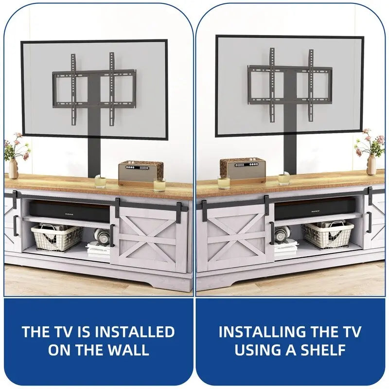 Meuble TV Evelynn avec porte de grange coulissante, meuble de divertissement en bois de style ferme pour téléviseurs jusqu'à 65 pouces, blanc