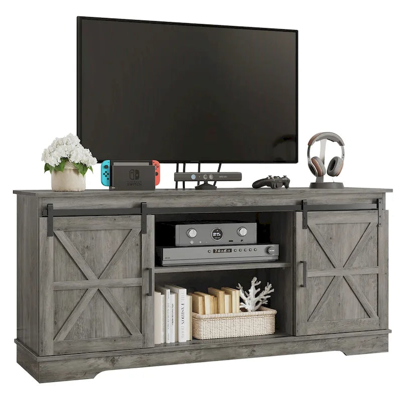 Meuble TV Evelynn avec porte de grange coulissante, meuble de divertissement en bois de style ferme pour téléviseurs jusqu'à 65 pouces, blanc