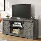 Meuble TV Evelynn avec porte de grange coulissante, meuble de divertissement en bois de style ferme pour téléviseurs jusqu'à 65 pouces, blanc