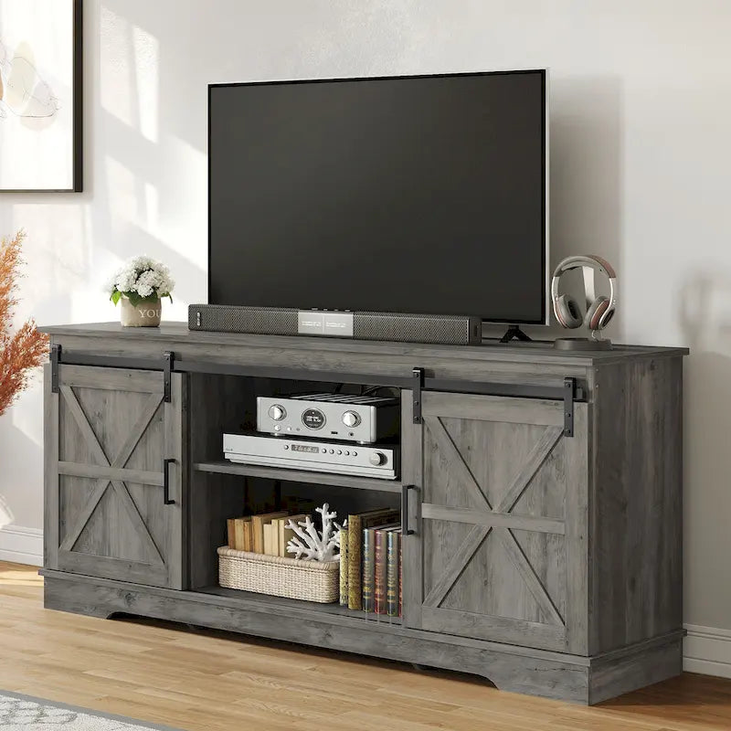 Meuble TV Evelynn avec porte de grange coulissante, meuble de divertissement en bois de style ferme pour téléviseurs jusqu'à 65 pouces, blanc