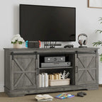 Meuble TV Evelynn avec porte de grange coulissante, meuble de divertissement en bois de style ferme pour téléviseurs jusqu'à 65 pouces, blanc