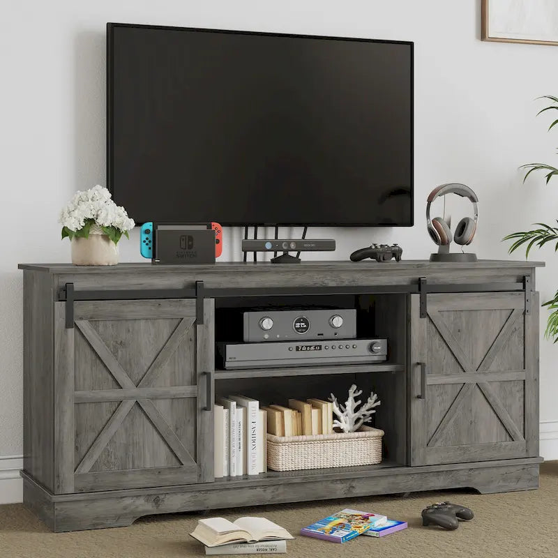 Meuble TV Evelynn avec porte de grange coulissante, meuble de divertissement en bois de style ferme pour téléviseurs jusqu'à 65 pouces, blanc