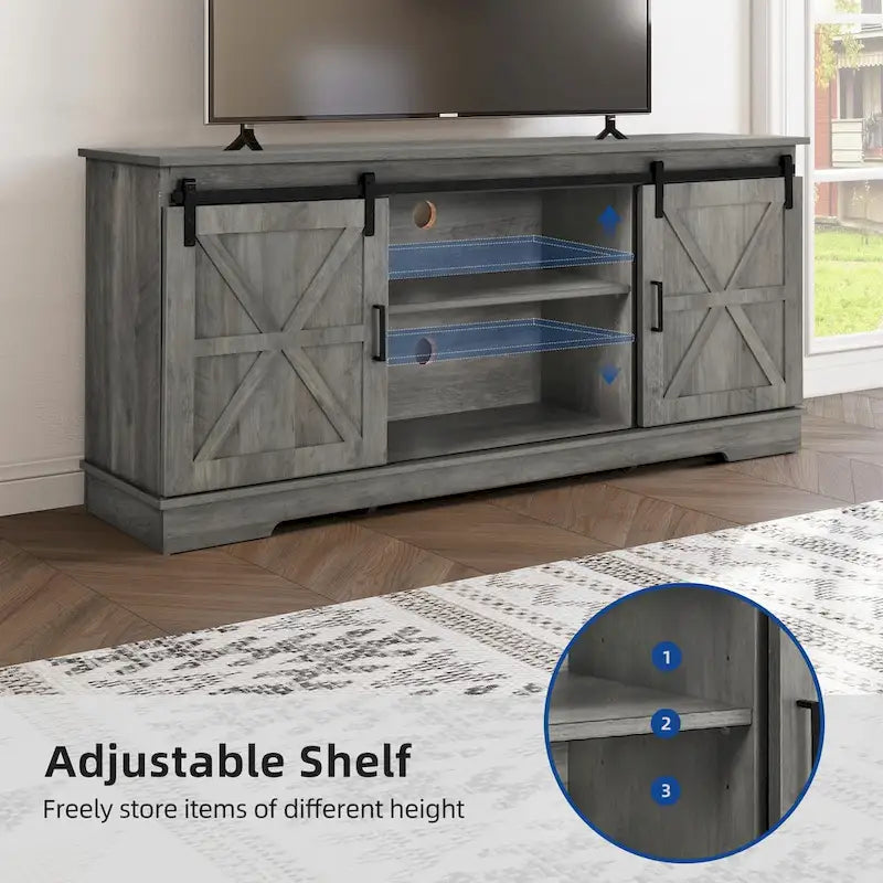 Meuble TV Evelynn avec porte de grange coulissante, meuble de divertissement en bois de style ferme pour téléviseurs jusqu'à 65 pouces, blanc