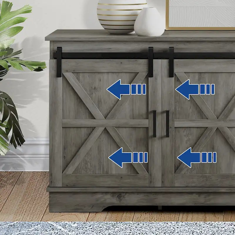 Meuble TV Evelynn avec porte de grange coulissante, meuble de divertissement en bois de style ferme pour téléviseurs jusqu'à 65 pouces, blanc