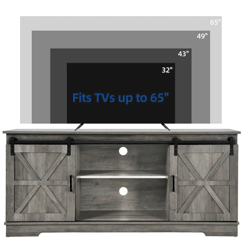 Meuble TV Evelynn avec porte de grange coulissante, meuble de divertissement en bois de style ferme pour téléviseurs jusqu'à 65 pouces, blanc