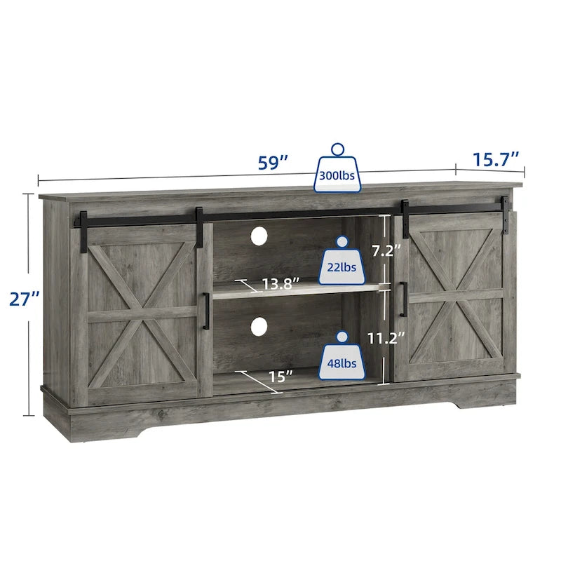 Meuble TV Evelynn avec porte de grange coulissante, meuble de divertissement en bois de style ferme pour téléviseurs jusqu'à 65 pouces, blanc