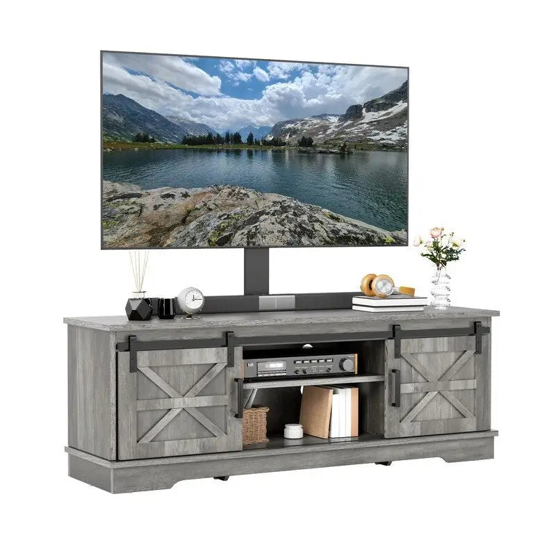 Meuble TV Evelynn avec porte de grange coulissante, meuble de divertissement en bois de style ferme pour téléviseurs jusqu'à 65 pouces, blanc