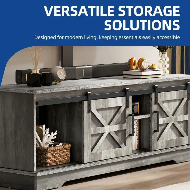 Meuble TV Evelynn avec porte de grange coulissante, meuble de divertissement en bois de style ferme pour téléviseurs jusqu'à 65 pouces, blanc