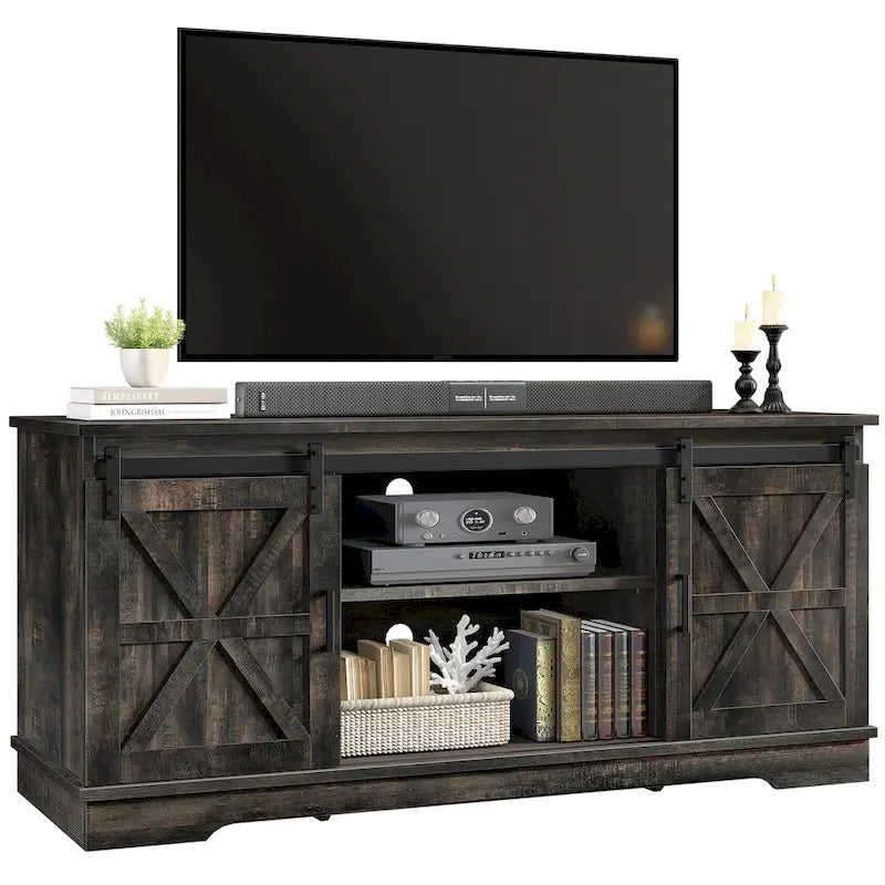 Meuble TV Evelynn avec porte de grange coulissante, meuble de divertissement en bois de style ferme pour téléviseurs jusqu'à 65 pouces, blanc